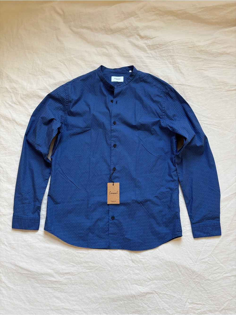 Figaret Paris Blue Collarless Check Shirt Size L